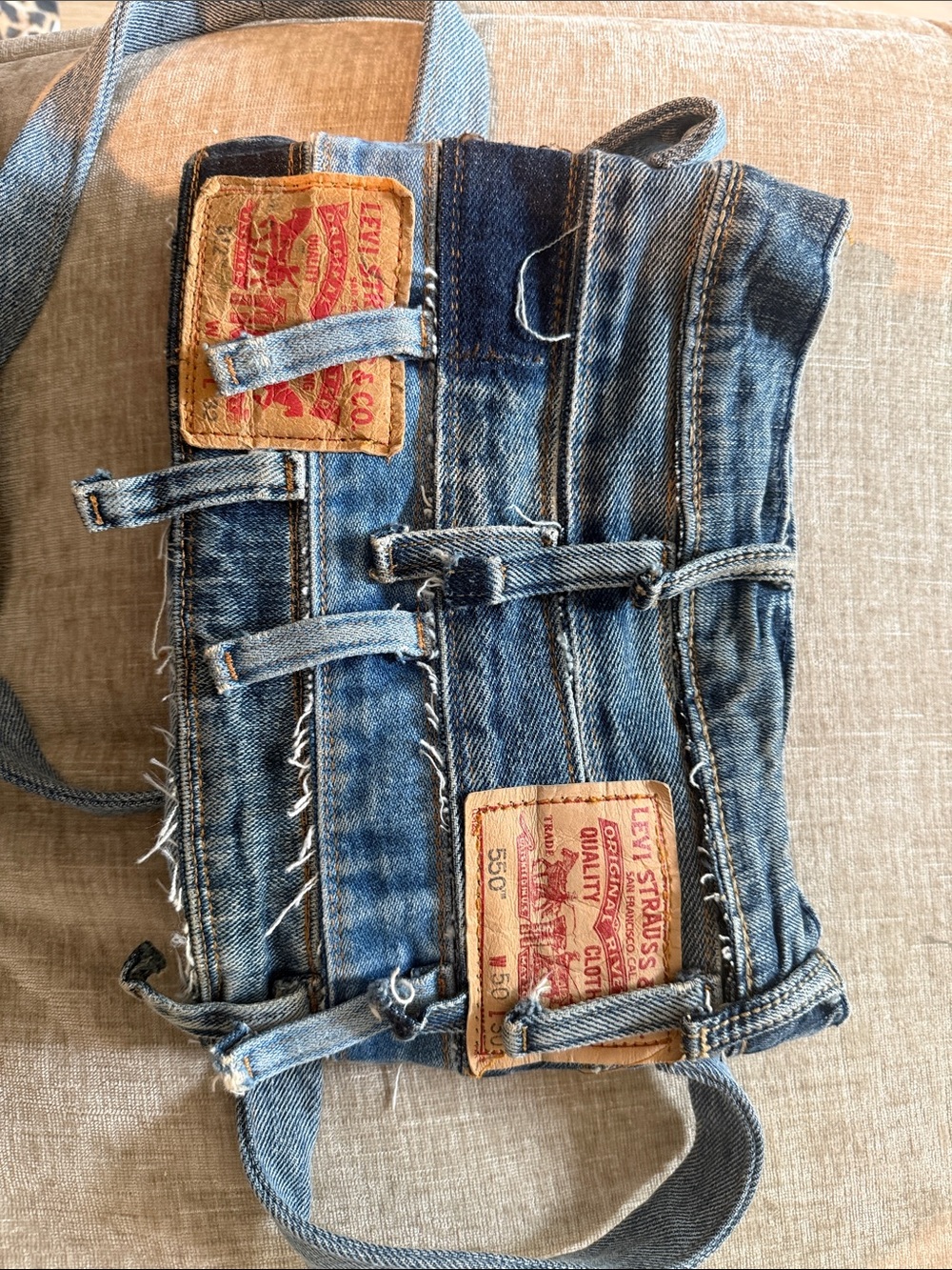 Levi's Blue Denim Repurposed Jeans Shoulder Bag with Leather Patches